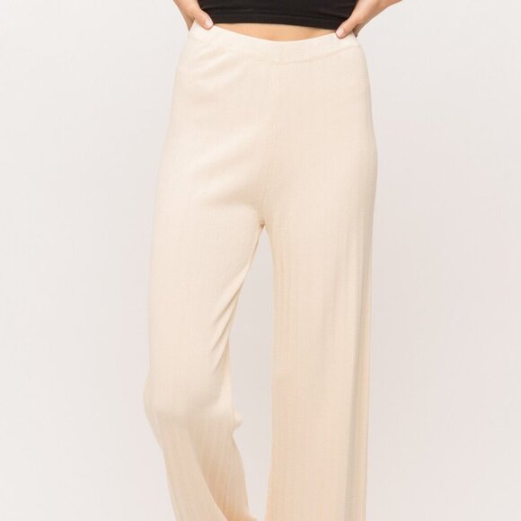 MYSTREE Cream Ribbed Knit Lounge Pants, Wide Leg, High Waist - Picture 3 of 5